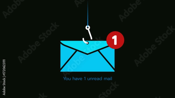 Fototapeta Email with fishing hook and notification icon, malicious attempt to trick the recipient by mail phishing.
