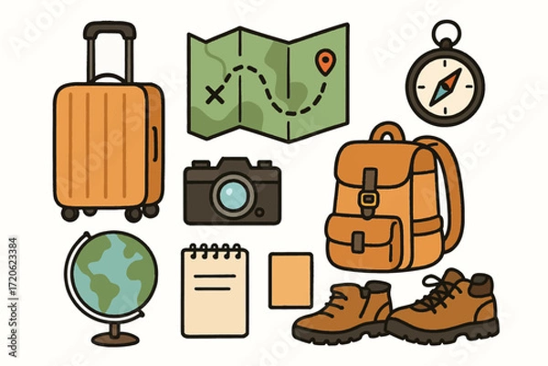 Fototapeta Travel and Hiking Equipment Set with Map Backpack Camera Water Bottles and Suitcase