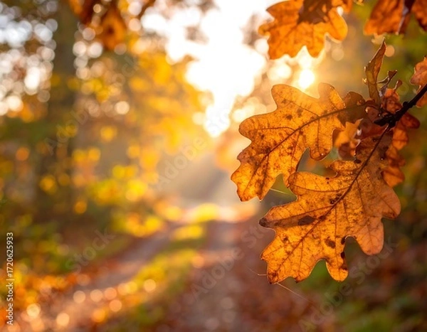 Fototapeta Autumn sunlight filtering through oak leaves