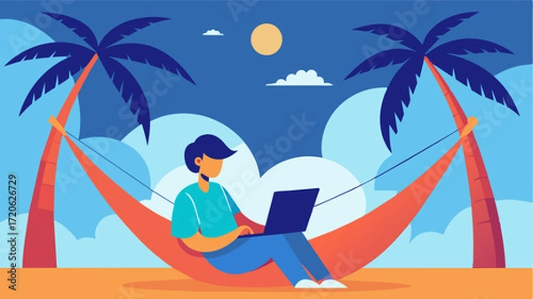 Fototapeta A person works on their laptop while sitting in a hammock strung between two palm trees swaying gently in the breeze.. Vector illustration