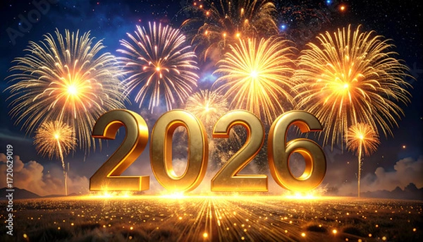Fototapeta Golden 2026 numerals illuminated by vibrant fireworks display.
