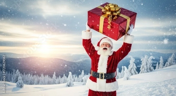 Obraz Happy Santa Claus holds up Christmas present in a snowy landscape