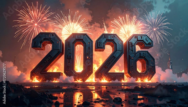 Fototapeta Golden 2026 numerals illuminated by vibrant fireworks display.