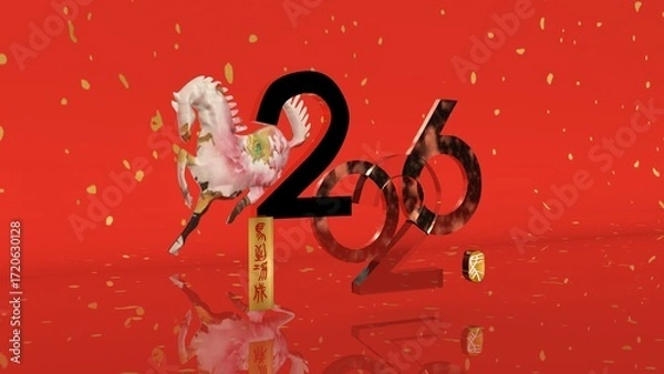 Fototapeta Year of the Horse 2026
A dynamic 3D illustration featuring a stylized white horse with floral accents, positioned next to the prominent numbers "2026" against a festive red background with golden conf