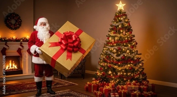 Obraz Santa Claus with a large gift near Christmas tree and fireplace