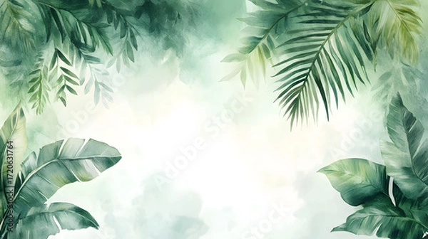 Fototapeta Aesthetic watercolor painting of lush tropical leaves in a misty, diffused light, creating a serene jungle ambiance