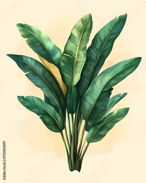 Fototapeta Lush green tropical foliage, rendered in a soft watercolor style with a modern flat design aesthetic, creating a vibrant botanical illustration