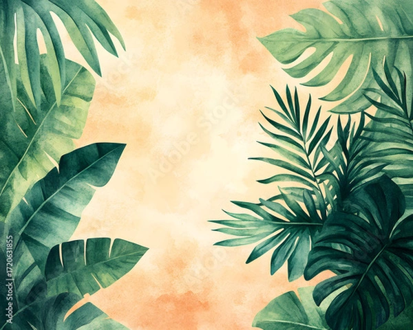Fototapeta Lush green tropical jungle leaves painted in watercolor style creating a natural frame on a warm sunset background