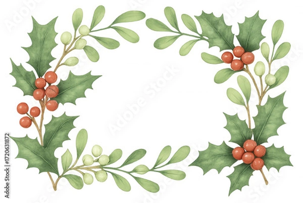 Obraz Holly and mistletoe watercolor frame for christmas and winter holiday invitations and greeting cards