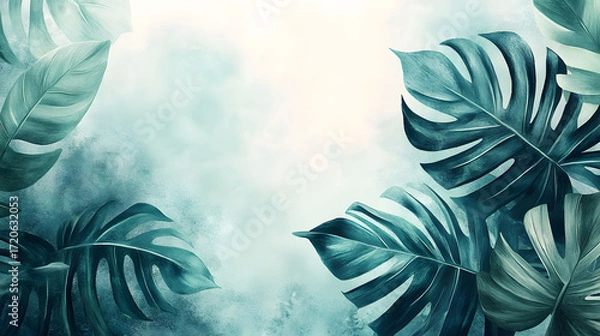 Fototapeta Lush tropical Monstera leaves rendered in a watercolor style with a soft, hazy atmosphere, creating a serene natural backdrop