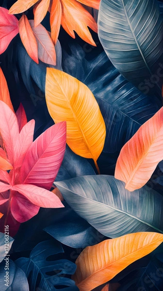 Fototapeta Artistic rendering of lush tropical leaves with a vibrant, colorful palette, styled with a sophisticated watercolor effect for a modern nature background
