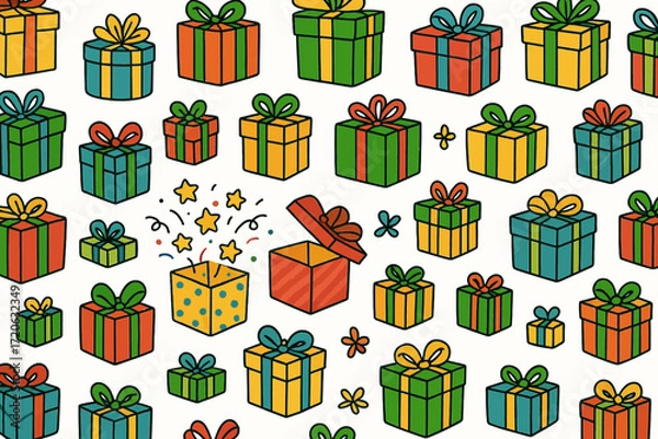 Fototapeta Colorful Gift Boxes and Hearts Pattern with Ribbons on White Background for Celebrations