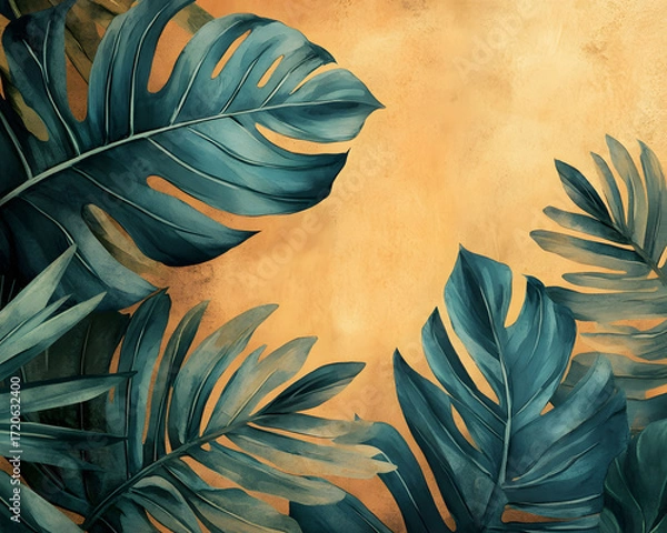 Fototapeta Lush tropical leaves in a captivating teal watercolor style, artfully arranged against a warm, textured ochre background, creating a sophisticated vintage-inspired botanical display