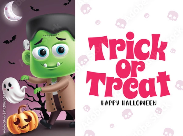 Obraz Trick or Treat and Happy Halloween greeting text clipart template. Halloween and Trick or Treat typography space in board frame horror party invitation card template clip art with monster, ghost 