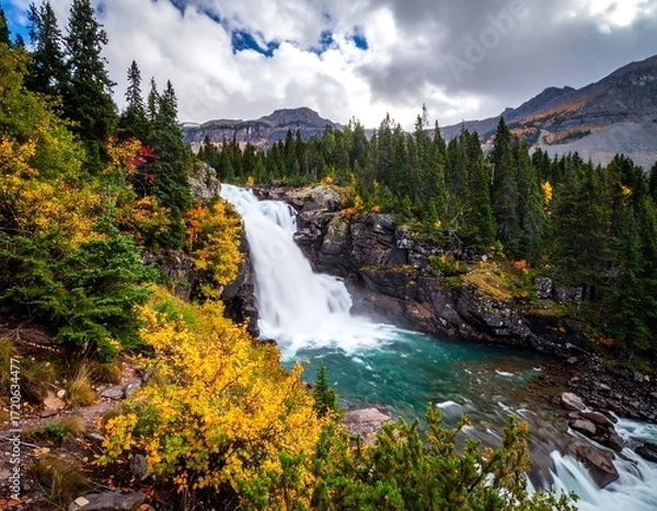 Fototapeta Autumn waterfall cascading through a rocky canyon