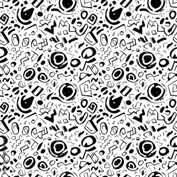 Fototapeta Whimsical doodle pattern in black and white featuring abstract shapes and hand drawn elements