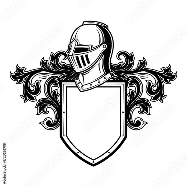 Fototapeta Detailed Black and White Knights Helmet and Shield Emblem with Flourishes