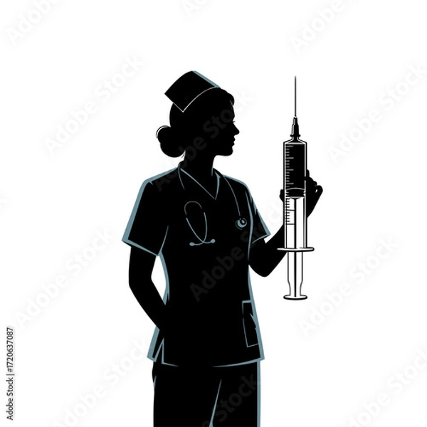 Fototapeta Silhouette of a Nurse Holding a Large Syringe Ready for Injection
