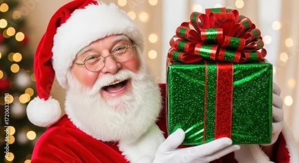 Obraz Happy Santa Claus holds a green Christmas present, smiling widely