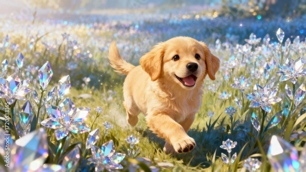 Fototapeta A Golden Puppy in a Meadow of Crystals