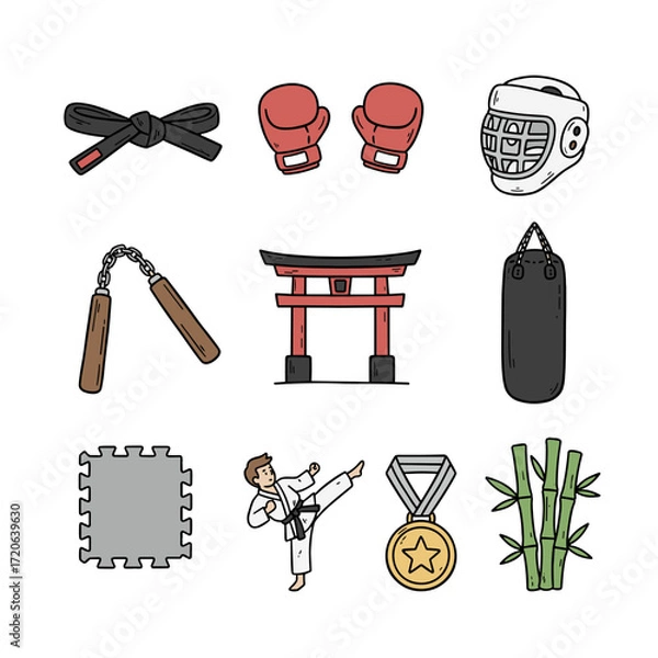 Fototapeta Set of  martial arts icons in hand drawn doodle style. Vector illustration with karate belt, gloves, helmet, nunchaku, dojo, punching bag, mat, kicking pose, medal, bamboo