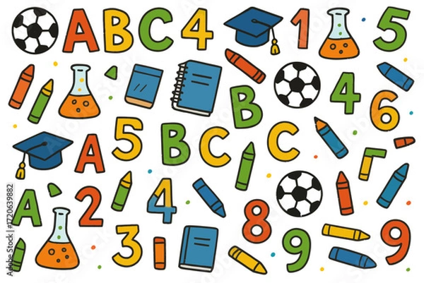 Fototapeta Educational School Supplies Pattern with Letters Numbers Books and Science Icons on Transparent Background