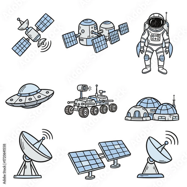 Fototapeta Set of  space tech icons in hand drawn doodle style. Vector illustration with satellite, space station, astronaut, rocket, Mars rover, telescope, moon base, solar panel array, alien signal