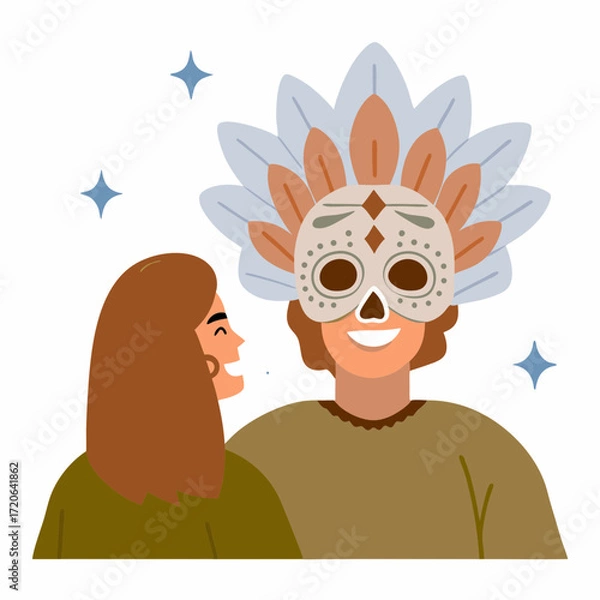 Fototapeta A young man wearing a colorful mask smiles at a woman next to him while celebrating the Day of the Dead.