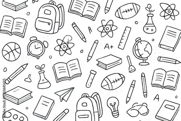 Obraz School Supplies Pattern with Books Backpack Science Test Tube Notebook Pen Globe