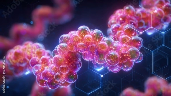 Fototapeta Colorful molecular structure, glowing pink and orange spheres, scientific background, digital illustration, futuristic, vibrant, abstract