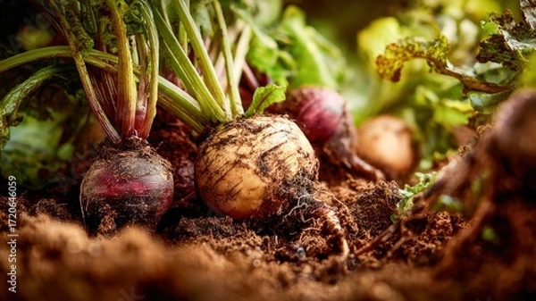 Fototapeta Freshly harvested beetroot and turnip with soil, green leaves, and earthy texture, vibrant organic vegetables in garden setting