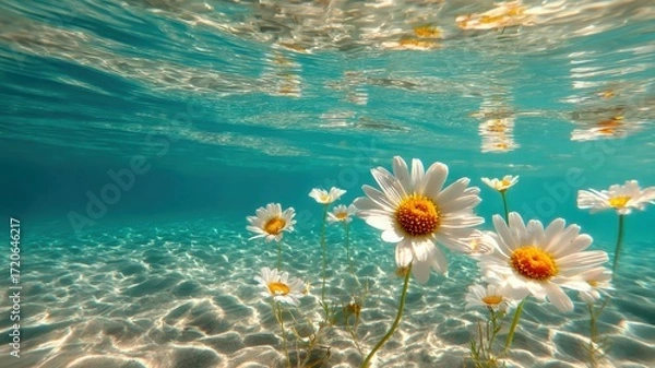 Fototapeta Underwater daisies with sunlight reflections create peaceful, dreamy scene in clear blue water, evoking tranquility and wonder