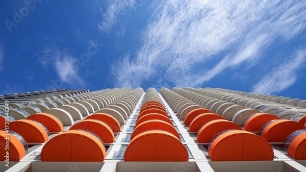 Fototapeta Vibrant coral balconies adorn modern high rise building against blue sky, creating dynamic urban architectural scene with upward perspective