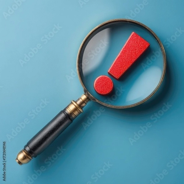 Fototapeta Magnifying glass focusing on a red exclamation point