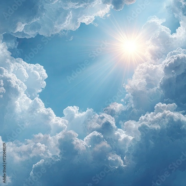 Fototapeta Radiant sun piercing through fluffy clouds
