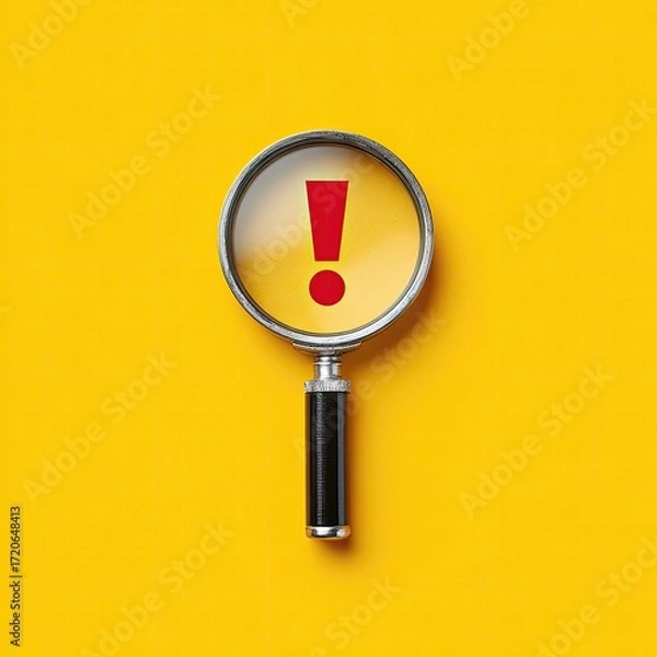 Fototapeta Magnifying glass focusing on exclamation mark on yellow background