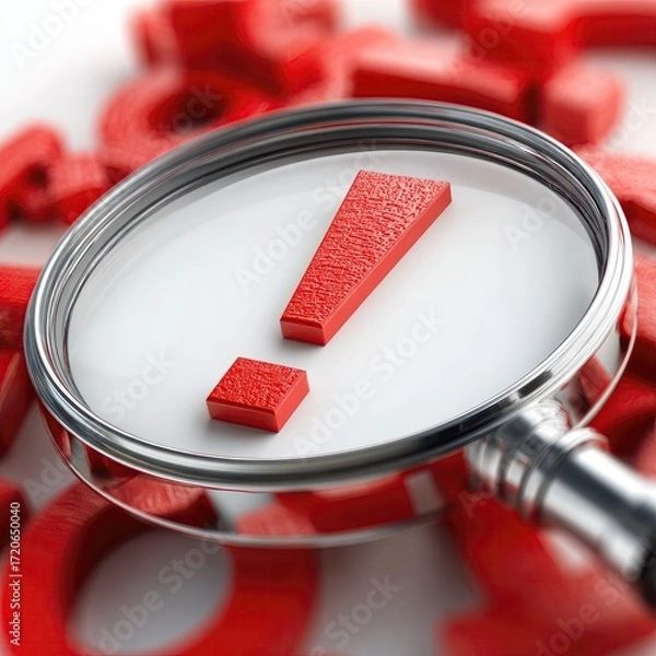Fototapeta Magnifying glass focuses on a red exclamation point amidst red letters