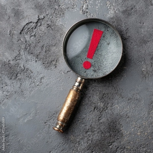 Fototapeta Magnifying glass with red exclamation point on textured surface
