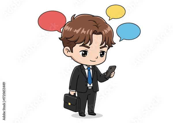 Fototapeta A young cartoon businessman in a suit holding a smartphone, engaging in digital communication and professional networking