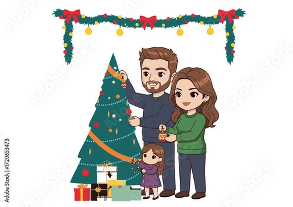 Fototapeta Family's Festive Christmas Decorating the Tree Together - A Heartwarming Illustration of Holiday Joy, Unity, and Seasonal Celebration in December