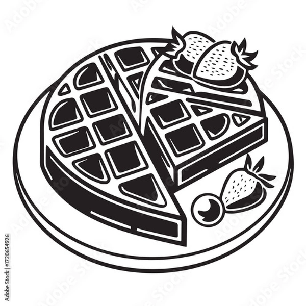 Fototapeta A delectable waffle, isolated on white background, adorned with fresh strawberries and a glistening pearl of syrup, rests invitingly on a pristine plate, promising a delightful culinary experience