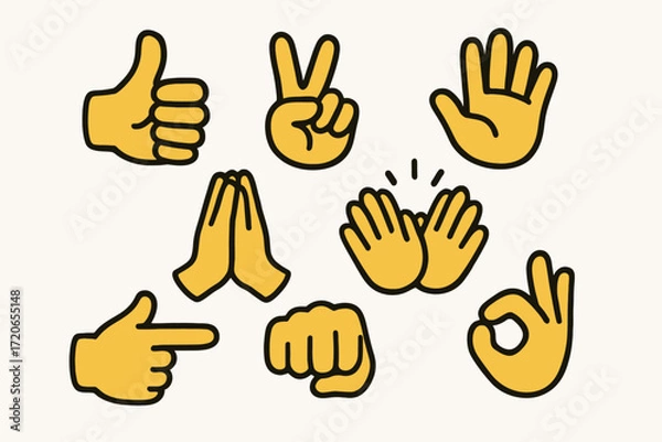 Fototapeta Set of Cartoon Hand Gestures in Yellow with Black Outline Showing Various Signs and Expressions