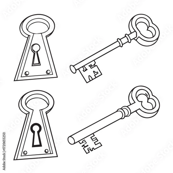 Fototapeta Illustration isolated on white background showcasing a key and keyhole, symbolizing security, access, mystery, and the unlocking of opportunities and solutions
