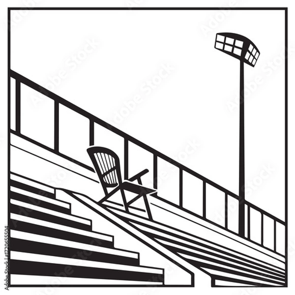 Fototapeta Empty chair on stadium bleachers isolated on white background a solitary seat awaits amidst the towering structure, illuminated by stadium lights, creating a scene of anticipation