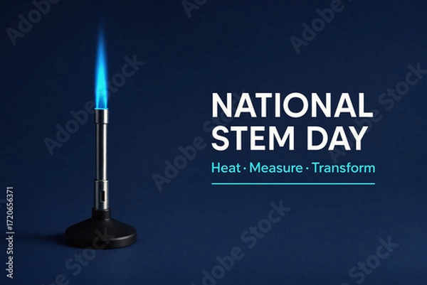 Fototapeta National STEM Day banner with blue Bunsen burner flame, slogan Heat · Measure · Transform on dark background
