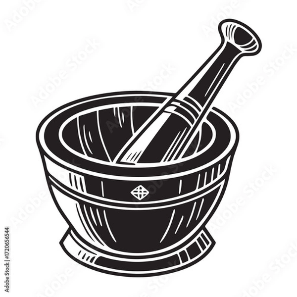 Fototapeta A black and white illustration of a mortar and pestle, isolated on white background, symbolizing pharmacy, medicine, and the preparation of ingredients for remedies