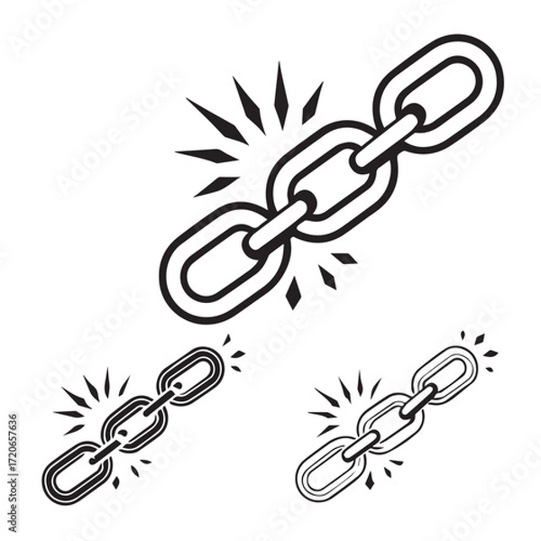 Fototapeta A strong chain link with radiating light, symbolizing strength and connection, with two smaller chain variations below, isolated on white background, representing unity and resilience