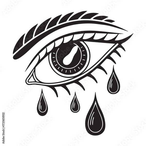 Fototapeta A stylized eye with teardrops, isolated on white background the eye is rendered in a bold, graphic style, with thick lines and sharp details, creating a striking and symbolic image of sadness