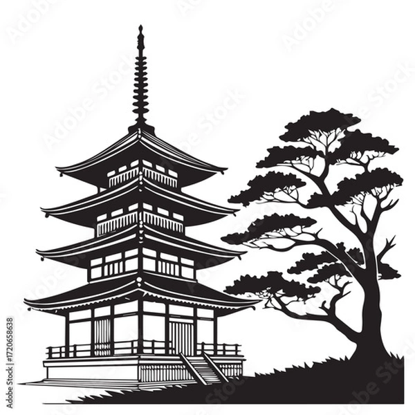 Fototapeta Detailed illustration of a traditional japanese pagoda isolated on white background, showcasing its multitiered structure and serene setting with a pine tree