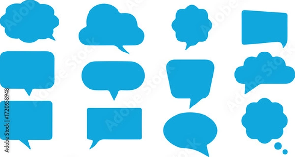 Fototapeta Collection of twelve blue speech bubble shapes with transparent background thought bubble chat bubble